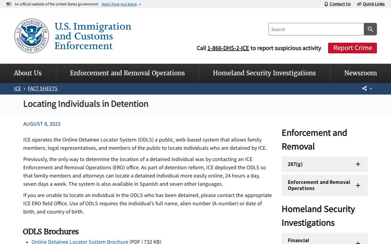 ICE fact sheet explaining how to locate a person in immigration detention