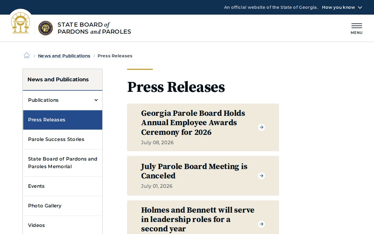 Georgia Parole Board press releases and meeting notices