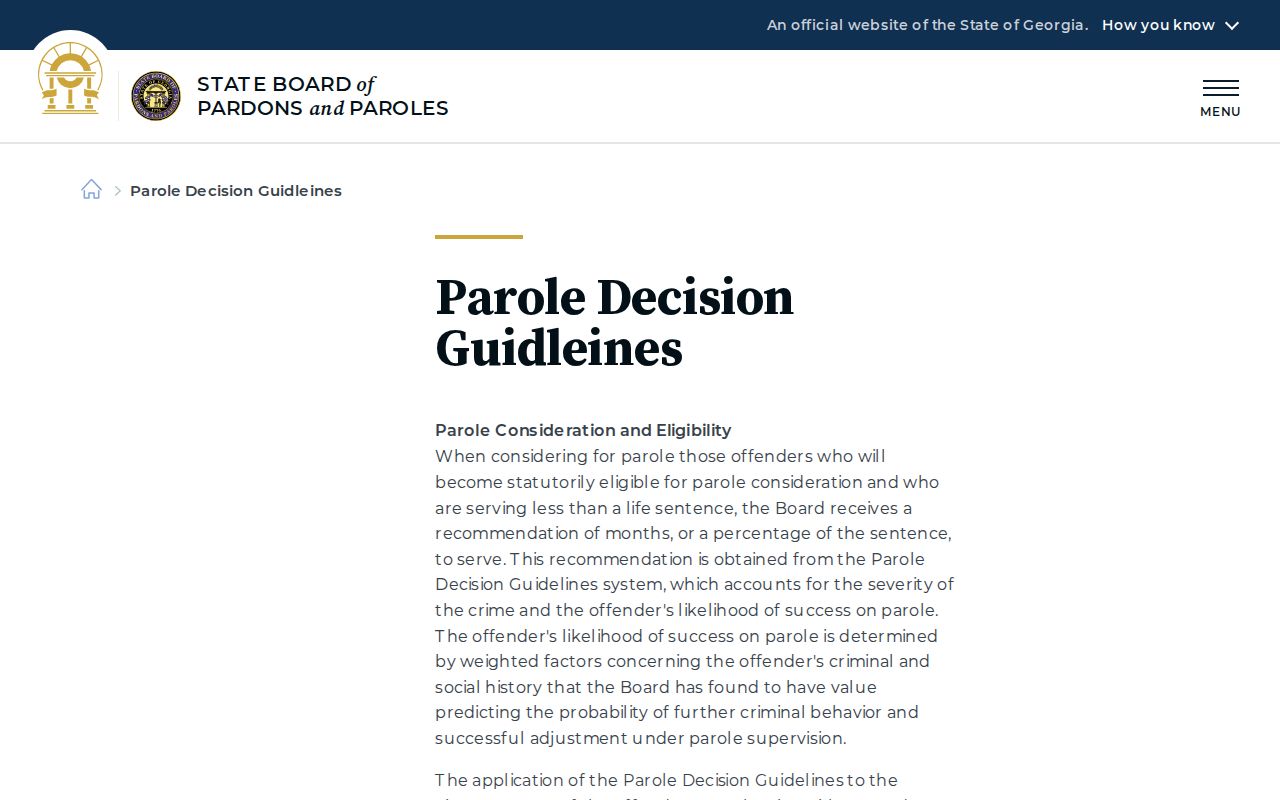 Georgia parole decision guidelines for TPM and Performance Incentive Credit